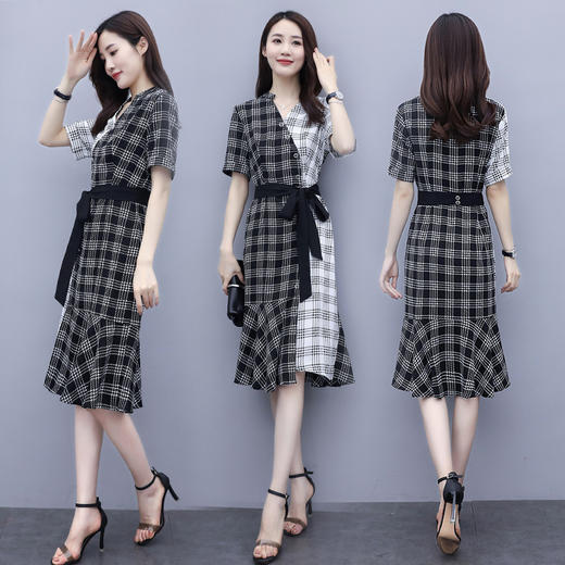 WZNH-QY20561（配腰带）夏季时尚拼接色方格连衣裙 商品图1