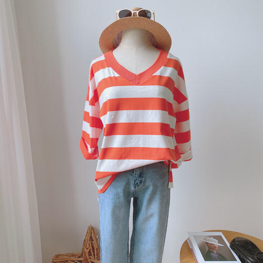 【老米优品】 / 秒！！橘子果汁软糖宽条纹敲活力V领TZT180104D 商品图1