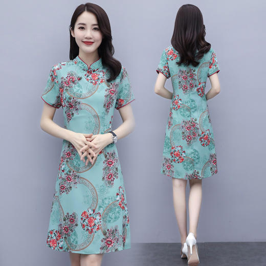 WZNH-QY20571夏季时尚立领盘扣收腰显瘦印花复古连衣裙 商品图3