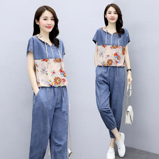 WZNH-GJC2090轻薄新款时尚休闲真丝印花雪纺拼接牛仔套装 商品图3