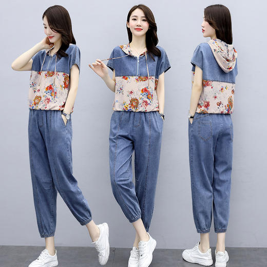 WZNH-GJC2090轻薄新款时尚休闲真丝印花雪纺拼接牛仔套装 商品图1