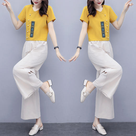 WZNH-XX2360休闲文艺珠子短袖名族风刺绣阔腿裤两件套 商品图1