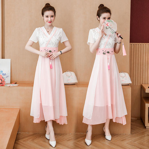 LF-MD723文艺古风收腰刺绣V领雪纺连衣裙 商品图3