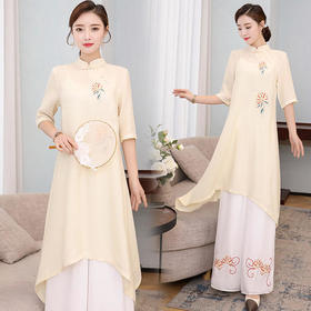 FMN-NM8321复古中国风立领修身阔腿裤两件套