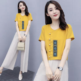 WZNH-XX2360休闲文艺珠子短袖名族风刺绣阔腿裤两件套