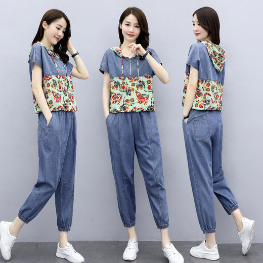 WZNH-GJC2090轻薄新款时尚休闲真丝印花雪纺拼接牛仔套装 商品图2