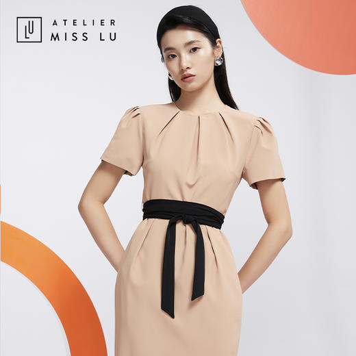 AtelierMissLu—职场大女人肉桂奶茶褶皱系带连身裙-0000592A 商品图0