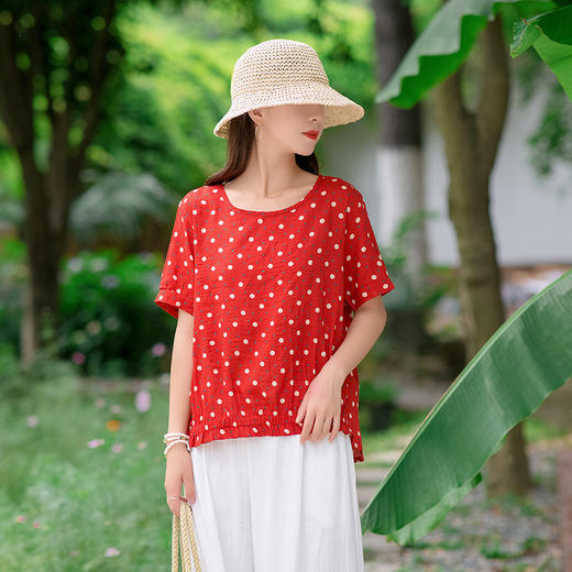 MQ-1918-A809夏新款民族风圆领宽松格子条纹短袖棉麻t恤YY 商品图3