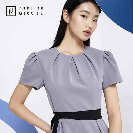 AtelierMissLu—职场大女人高级灰褶皱系带连身裙-0000592 商品图1
