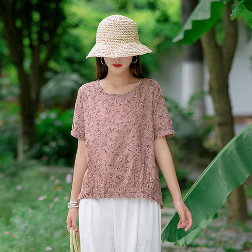 MQ-1918-A809夏新款民族风圆领宽松格子条纹短袖棉麻t恤YY 商品图2