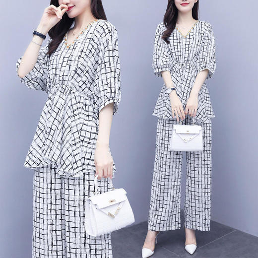 HF-5686夏季新款韩版时尚气质减龄阔腿长裤格子两件套 商品图1