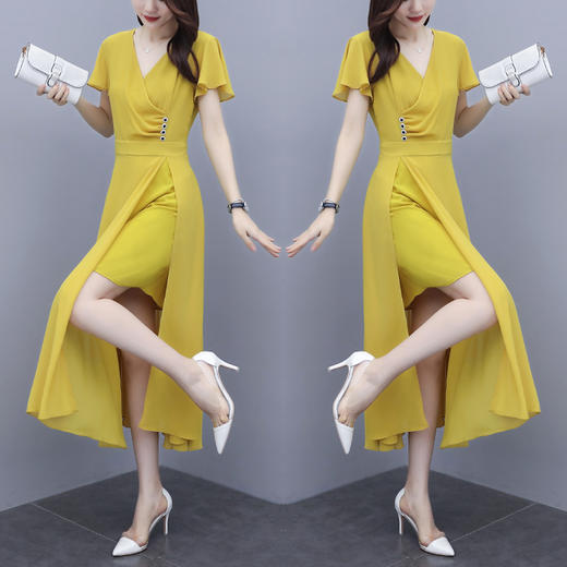 WZNH-QY20565时尚V领纯色收腰显瘦开叉连衣裙 商品图3