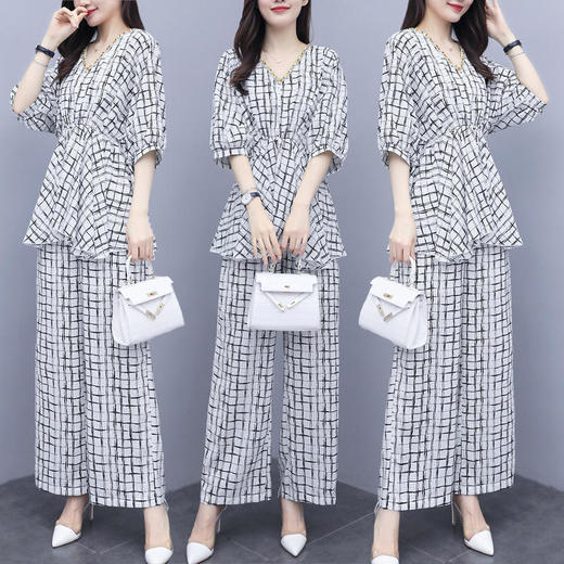 HF-5686夏季新款韩版时尚气质减龄阔腿长裤格子两件套 商品图0