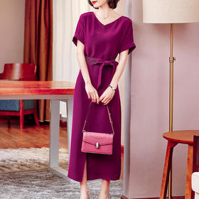 NYT-821优雅气质收腰显瘦V领开叉长款醋酸连衣裙