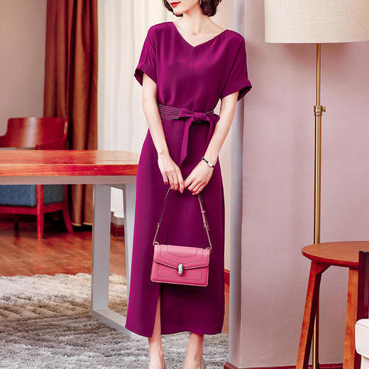 NYT-821优雅气质收腰显瘦V领开叉长款醋酸连衣裙 商品图0