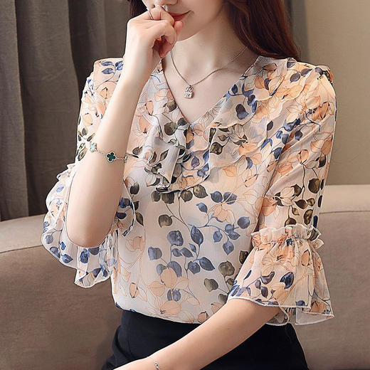 2020夏季新款韩版碎花短袖气质灯笼袖打底雪纺衫ht-gt-624-276