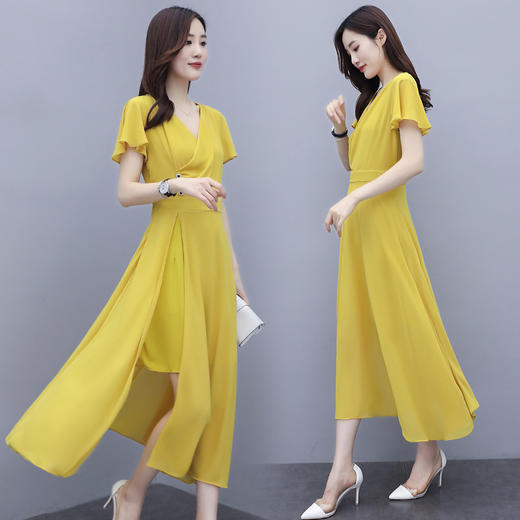 WZNH-QY20565时尚V领纯色收腰显瘦开叉连衣裙 商品图1