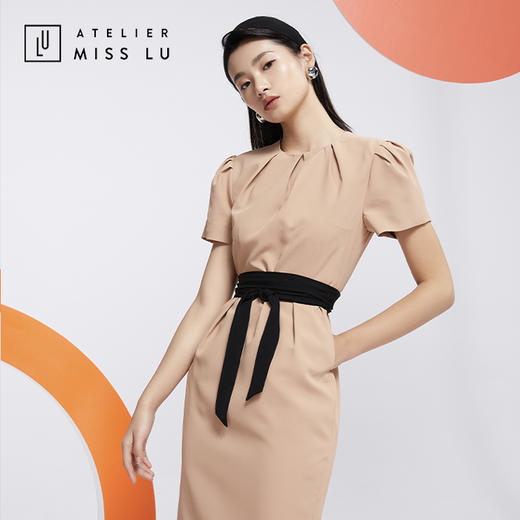 AtelierMissLu—职场大女人肉桂奶茶褶皱系带连身裙-0000592A 商品图1