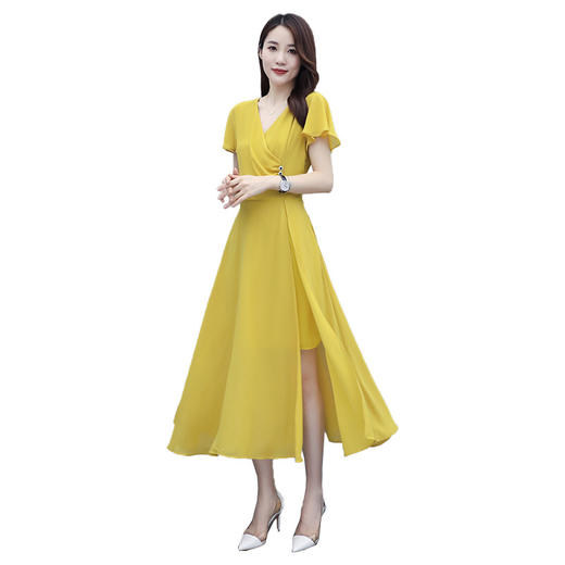 WZNH-QY20565时尚V领纯色收腰显瘦开叉连衣裙 商品图4