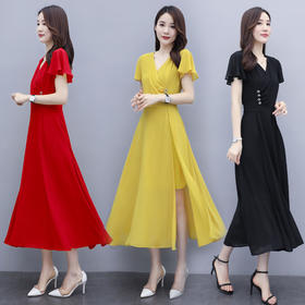 WZNH-QY20565时尚V领纯色收腰显瘦开叉连衣裙