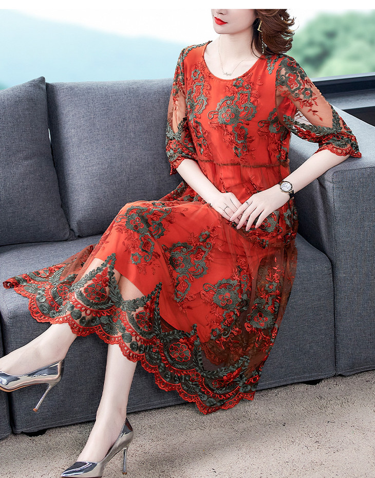 夏装网纱刺绣妈妈装连衣裙贵妇人中长款xyx9239