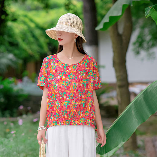 MQ-1918-A809夏新款民族风圆领宽松格子条纹短袖棉麻t恤YY 商品图4