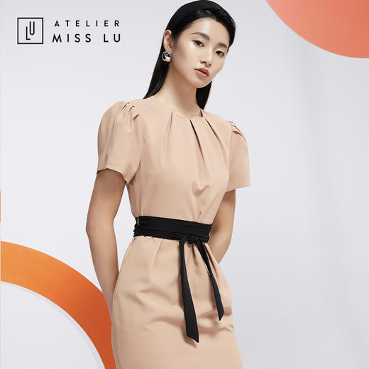 AtelierMissLu—职场大女人肉桂奶茶褶皱系带连身裙-0000592A 商品图5