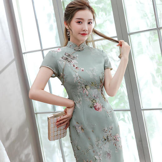 2020新款改良雪纺中长款古典优雅印花中国风旗袍裙xgt2157