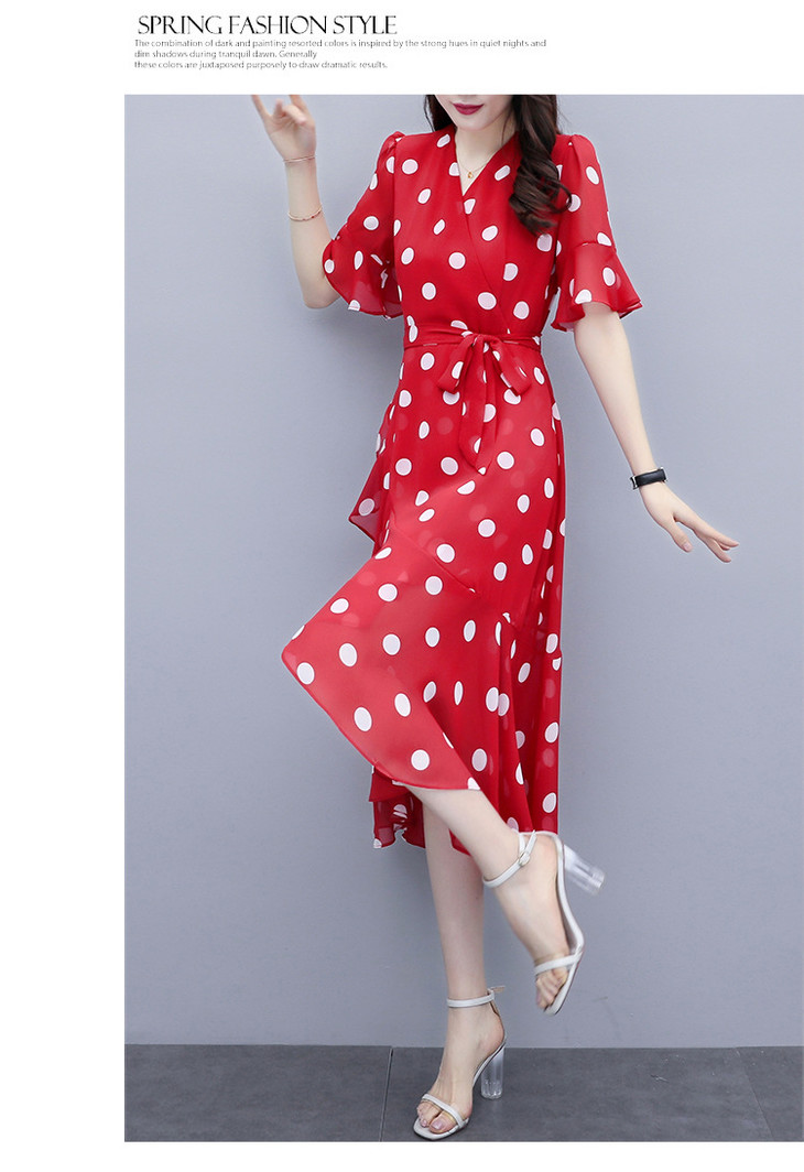 2020年夏季新款收腰显瘦气质轻熟风红色波点雪纺裙子hf5514