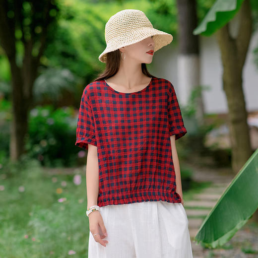 MQ-1918-A809夏新款民族风圆领宽松格子条纹短袖棉麻t恤YY 商品图1