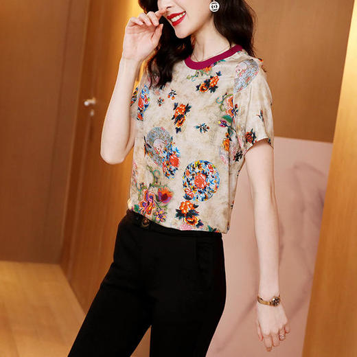 ML 2272004撞色印花真丝衬衫宽松显瘦桑蚕丝上衣 商品图0