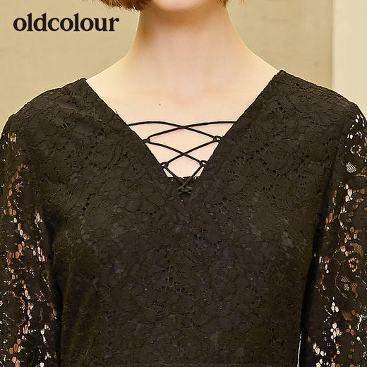 oldcolour欧珂蕾丝纯色拼接长袖长款连衣裙 商品图2