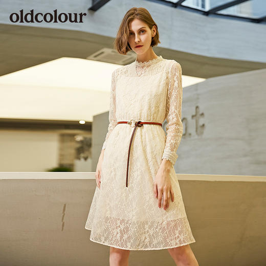 oldcolour新款圆领网纱袖时尚修身显瘦连衣裙女 商品图1