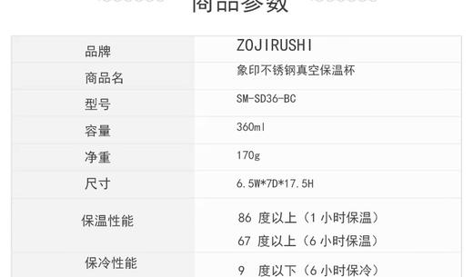 宁波保税直发 日本ZOJIRUSHI象印保温杯 SM-SD36-BC黑色 360mlJPY带授权招加盟代理 商品图2