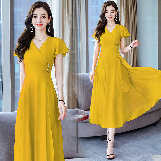 WZNH-MJ2057新款女装长款显瘦短淑女短袖雪纺连衣裙 商品图0