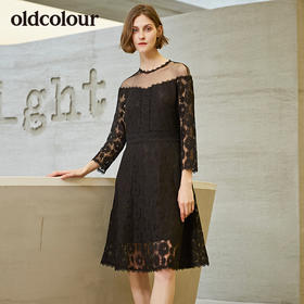 oldcolour圆领网纱长袖修身蕾丝连衣裙女裙
