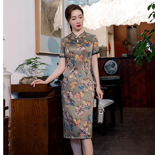 ZAYS-新品仿香云纱短袖低领中老年妈妈装气质宴会礼服旗袍 商品图1