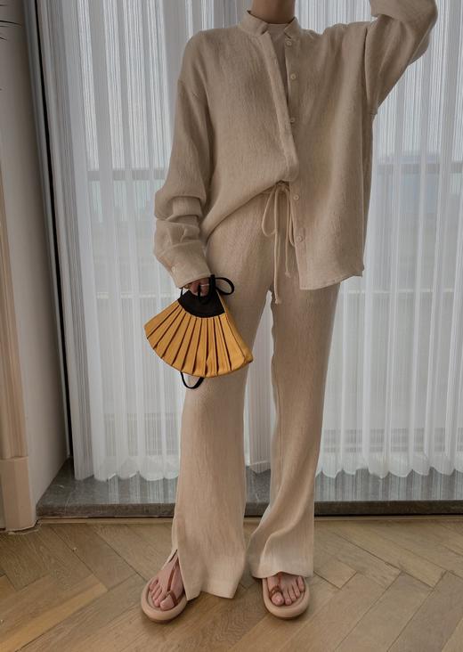 HIDEMI 懒人必备/奶昔白肌理感亚麻套装 圆领衬衫/垂直感侧开衩长裤 商品图6