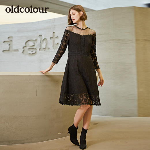 oldcolour圆领网纱长袖修身蕾丝连衣裙女裙 商品图4