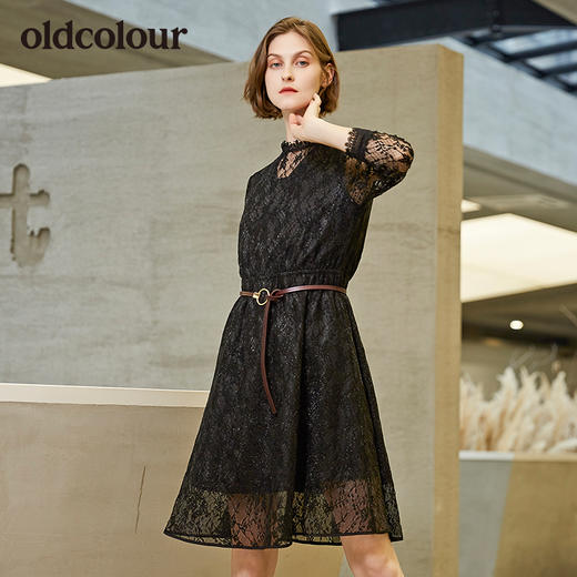 oldcolour新款圆领网纱袖时尚修身显瘦连衣裙女 商品图0