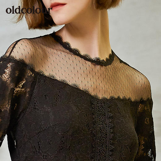 oldcolour圆领网纱长袖修身蕾丝连衣裙女裙 商品图2