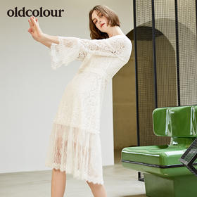 oldcolour欧珂蕾丝纯色拼接长袖长款连衣裙