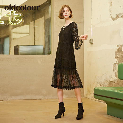 oldcolour欧珂蕾丝纯色拼接长袖长款连衣裙 商品图4