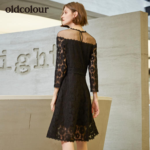 oldcolour圆领网纱长袖修身蕾丝连衣裙女裙 商品图1