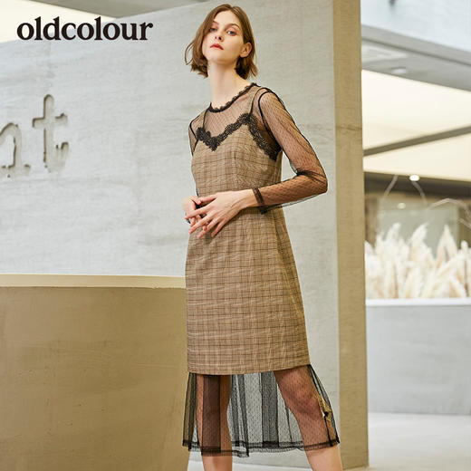 oldcolour新款两件套吊带网纱长袖连衣裙女 商品图0