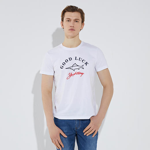 GOOD LUCK德鲨4色棉混纺logo厚板印花圆领短袖T恤L193613 商品图2