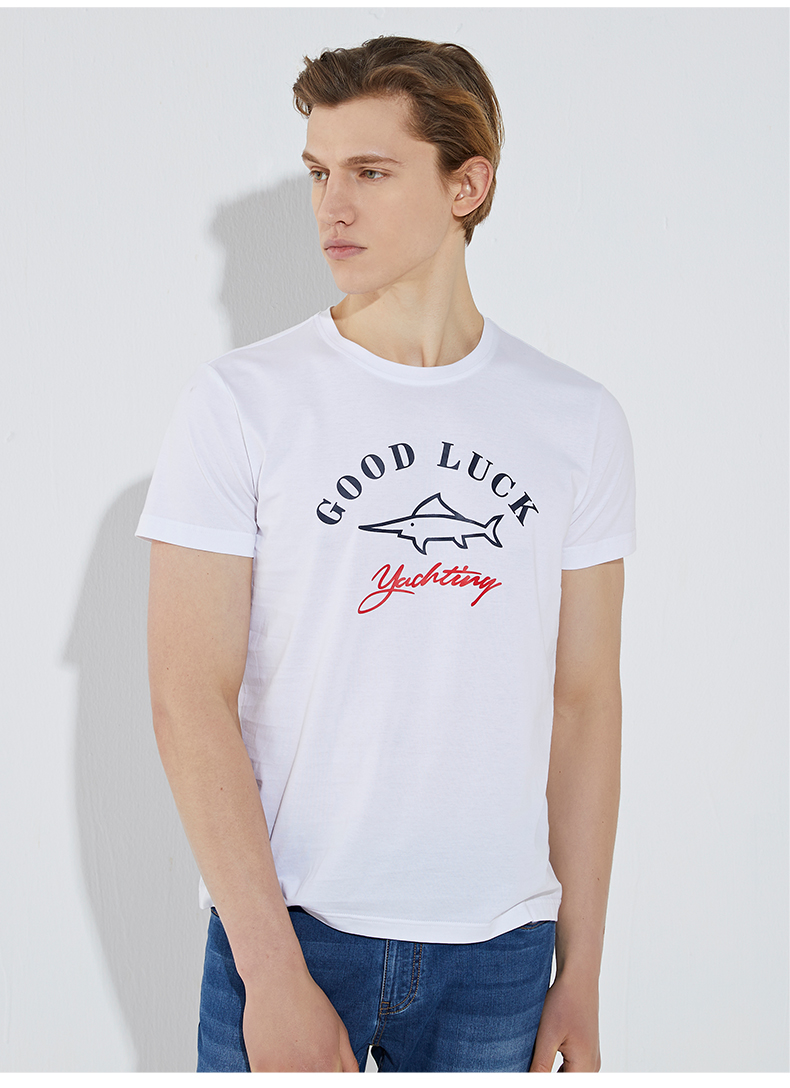 good luck德鲨4色棉混纺logo厚板印花圆领短袖t恤l193