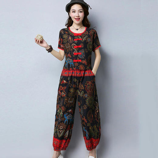 W-夏装宽松大码复古民族风短袖棉麻两件套 商品图2