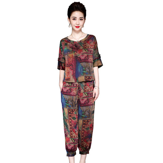 LFJR-9330夏季大码香云纱套装短袖T恤哈伦裤妈妈装 商品图4