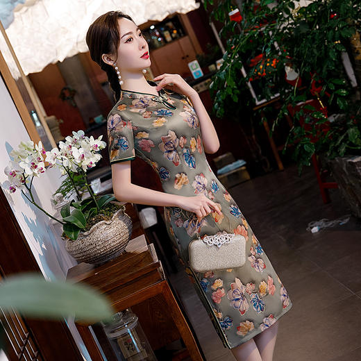 ZAYS-新品仿香云纱短袖低领中老年妈妈装气质宴会礼服旗袍 商品图0